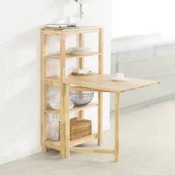 Table à Manger Pliable en Bois d'Hévéa avec Étagères Latérales 60x98x126cm