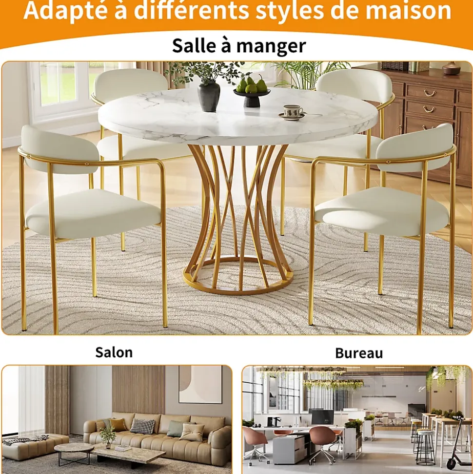 Table à manger ronde 80 cm effet marbre pour 4 à 6 personnes avec pieds dorés