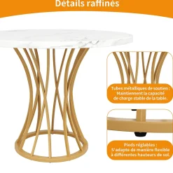 Table à manger ronde 80 cm effet marbre pour 4 à 6 personnes avec pieds dorés