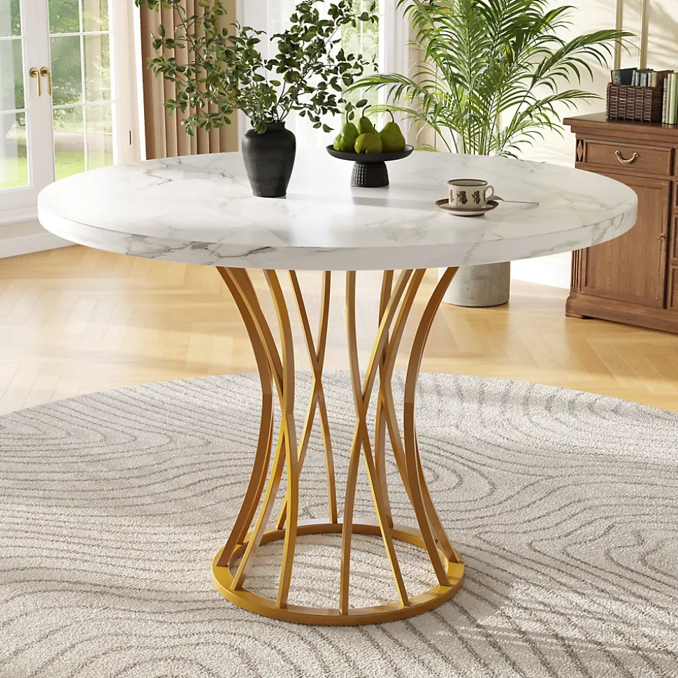 Table à manger ronde 80 cm effet marbre pour 4 à 6 personnes avec pieds dorés