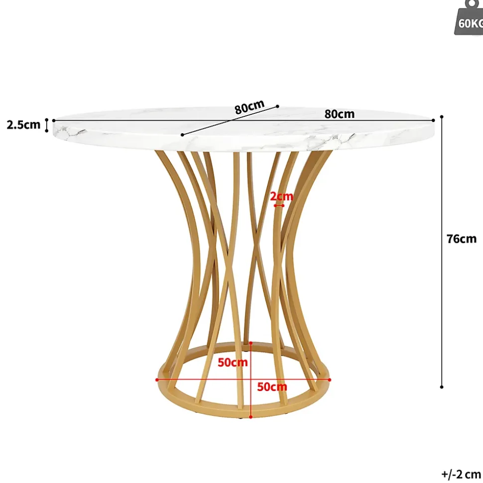Table à manger ronde 80 cm effet marbre pour 4 à 6 personnes avec pieds dorés