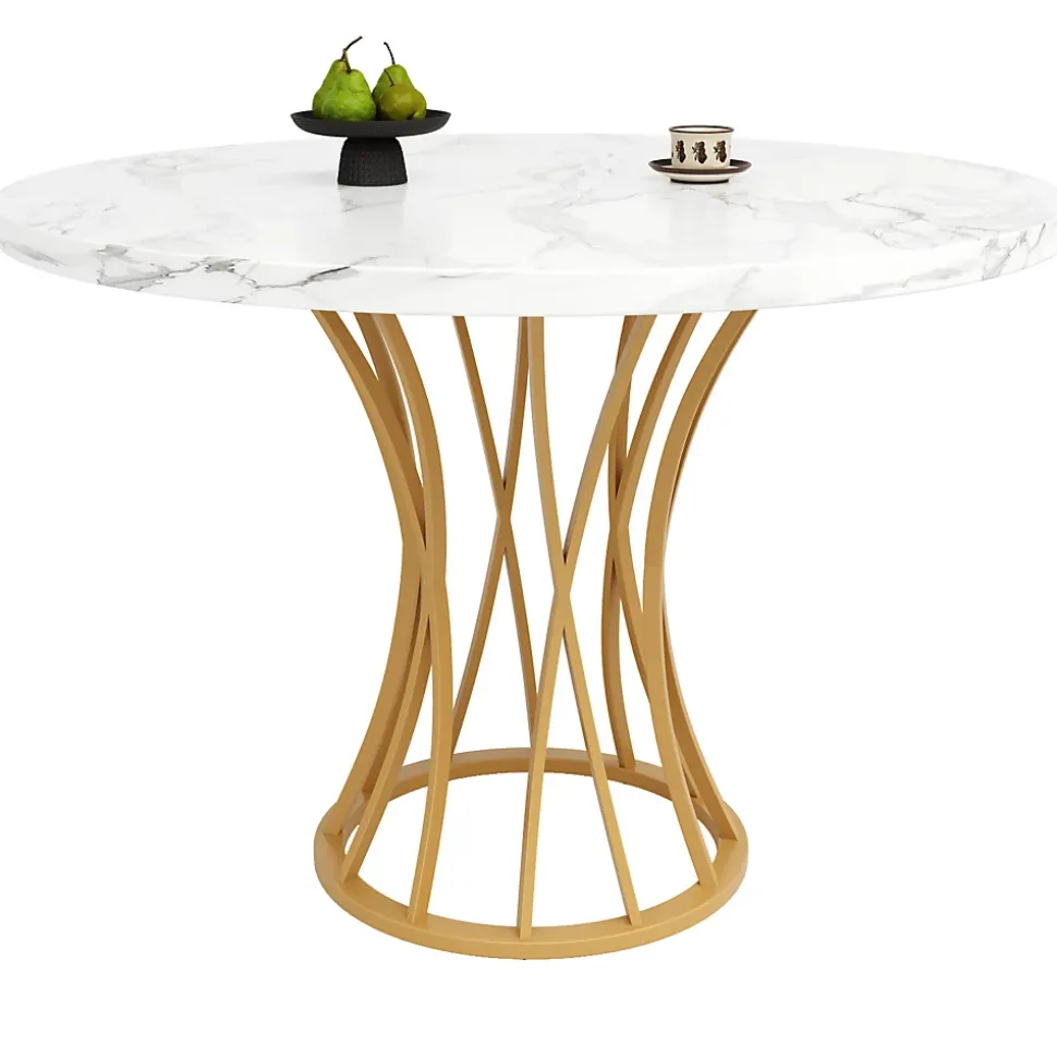 Table à manger ronde 80 cm effet marbre pour 4 à 6 personnes avec pieds dorés
