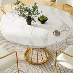 Table à manger ronde 80 cm effet marbre pour 4 à 6 personnes avec pieds dorés