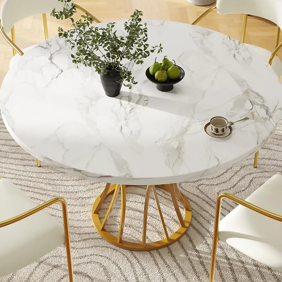 Table à manger ronde 80 cm effet marbre pour 4 à 6 personnes avec pieds dorés