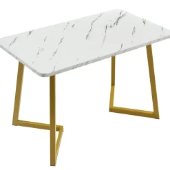 Table à manger 117x68 cm effet marbre avec pieds en métal - Blanc et Or