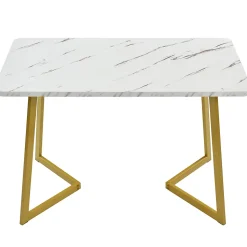Table à manger 117x68 cm effet marbre avec pieds en métal - Blanc et Or