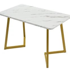 Table à manger 117x68 cm effet marbre avec pieds en métal - Blanc et Or