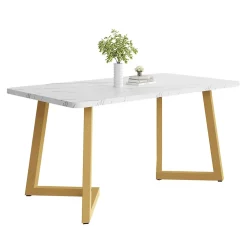 Table à manger 117x68 cm effet marbre avec pieds en métal - Blanc et Or