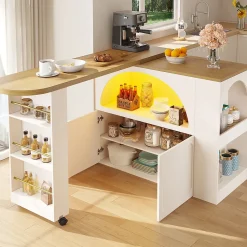 Table Bar - Meuble Bar Extensible avec LED et Rangement, Portes Arquées, Blanc, 135-205x39x100 cm