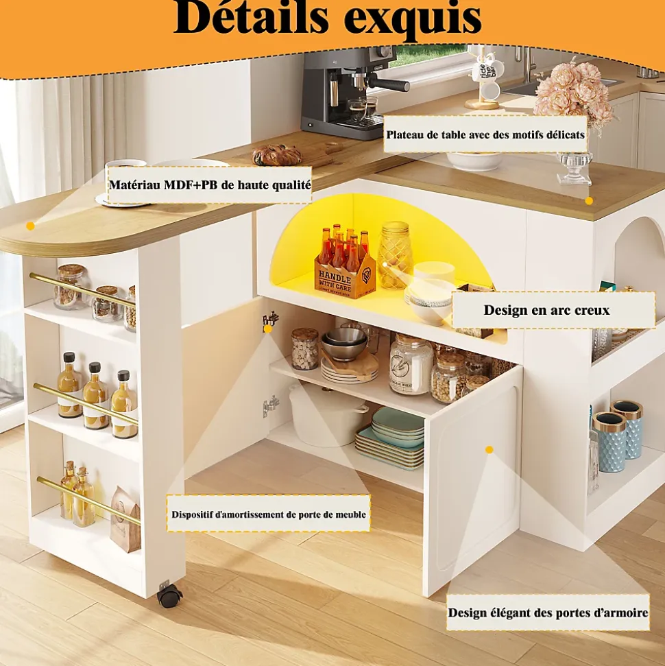 Table Bar - Meuble Bar Extensible avec LED et Rangement, Portes Arquées, Blanc, 135-205x39x100 cm