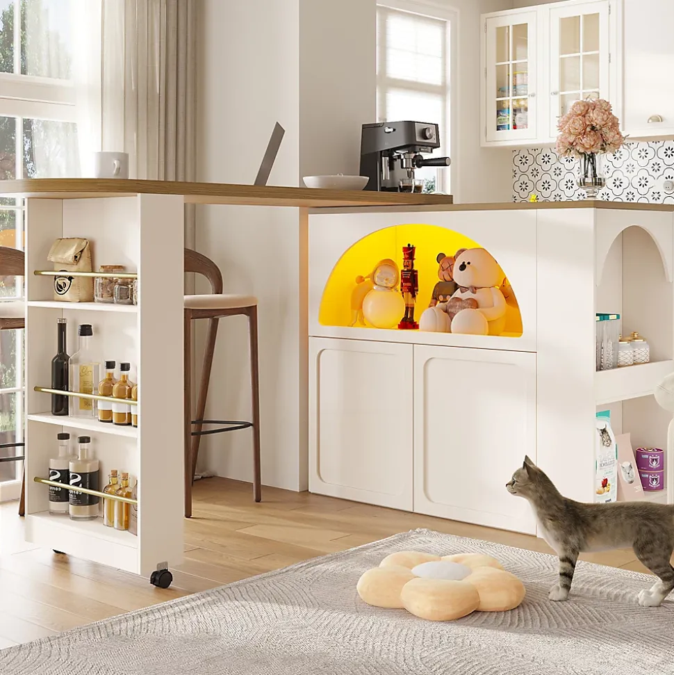 Table Bar - Meuble Bar Extensible avec LED et Rangement, Portes Arquées, Blanc, 135-205x39x100 cm
