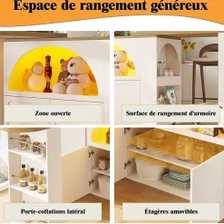 Table Bar - Meuble Bar Extensible avec LED et Rangement, Portes Arquées, Blanc, 135-205x39x100 cm