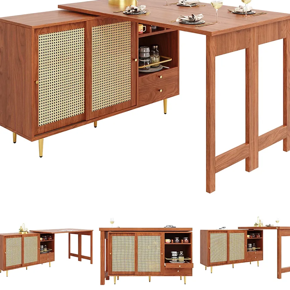 Table Bar - Meuble Bar Rotatif Extensible avec Rangement et Portes en Rotin - Table Haute Modulable pour Cuisine - MDF Brun