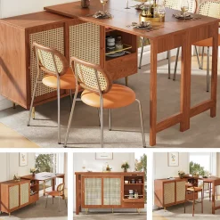 Table Bar - Meuble Bar Rotatif Extensible avec Rangement et Portes en Rotin - Table Haute Modulable pour Cuisine - MDF Brun