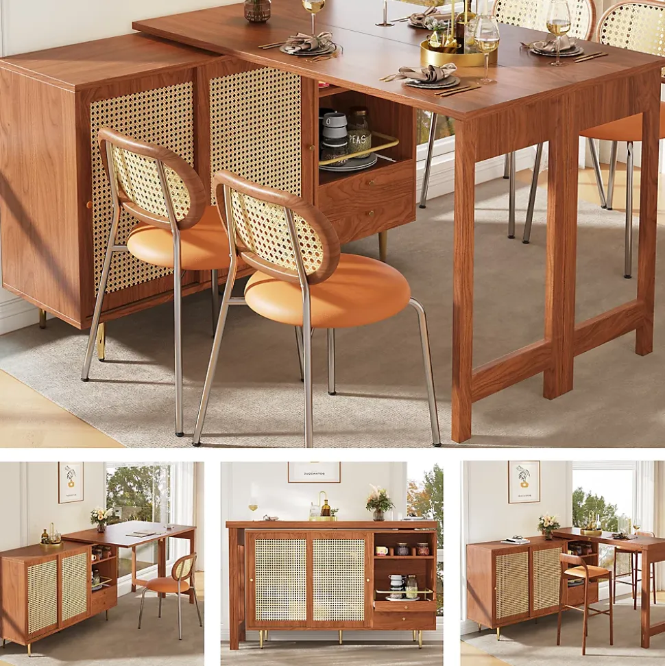Table Bar - Meuble Bar Rotatif Extensible avec Rangement et Portes en Rotin - Table Haute Modulable pour Cuisine - MDF Brun