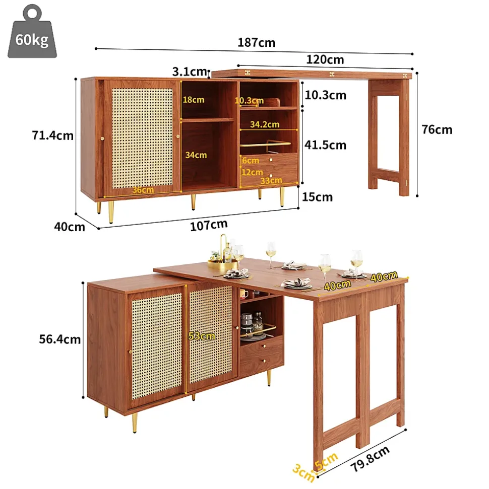 Table Bar - Meuble Bar Rotatif Extensible avec Rangement et Portes en Rotin - Table Haute Modulable pour Cuisine - MDF Brun