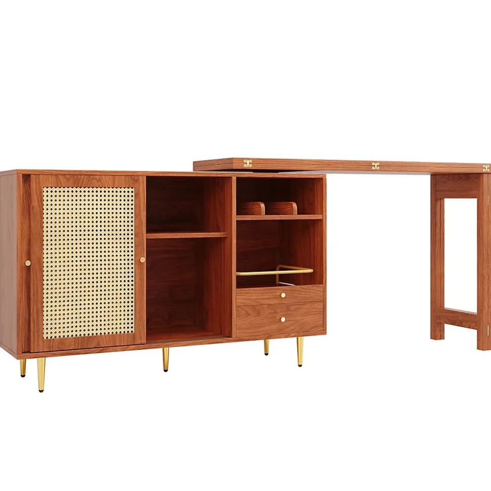 Table Bar - Meuble Bar Rotatif Extensible avec Rangement et Portes en Rotin - Table Haute Modulable pour Cuisine - MDF Brun