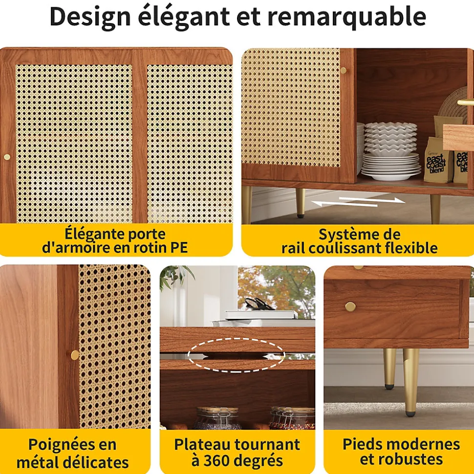 Table Bar - Meuble Bar Rotatif Extensible avec Rangement et Portes en Rotin - Table Haute Modulable pour Cuisine - MDF Brun