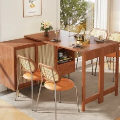 Table Bar - Meuble Bar Rotatif Extensible avec Rangement et Portes en Rotin - Table Haute Modulable pour Cuisine - MDF Brun