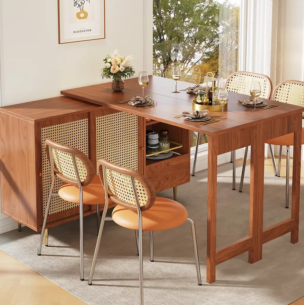 Table Bar - Meuble Bar Rotatif Extensible avec Rangement et Portes en Rotin - Table Haute Modulable pour Cuisine - MDF Brun