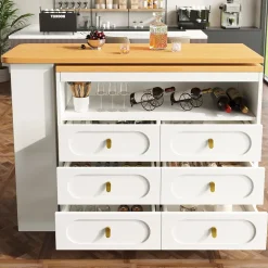 Table Bar Extensible Pivotante avec Rangement et Tiroirs - Meuble Bar Moderne pour Cuisine ou Salon - MDF Blanc