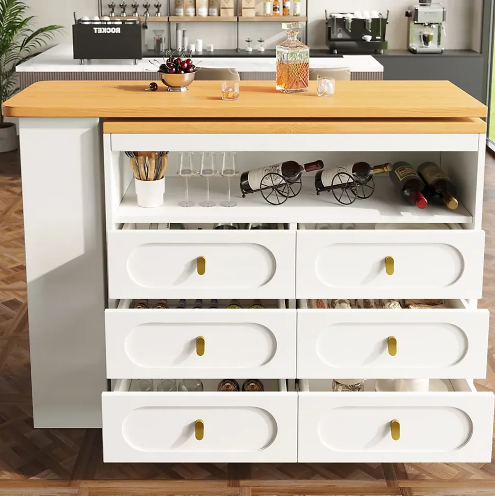 Table Bar Extensible Pivotante avec Rangement et Tiroirs - Meuble Bar Moderne pour Cuisine ou Salon - MDF Blanc