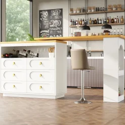 Table Bar Extensible Pivotante avec Rangement et Tiroirs - Meuble Bar Moderne pour Cuisine ou Salon - MDF Blanc