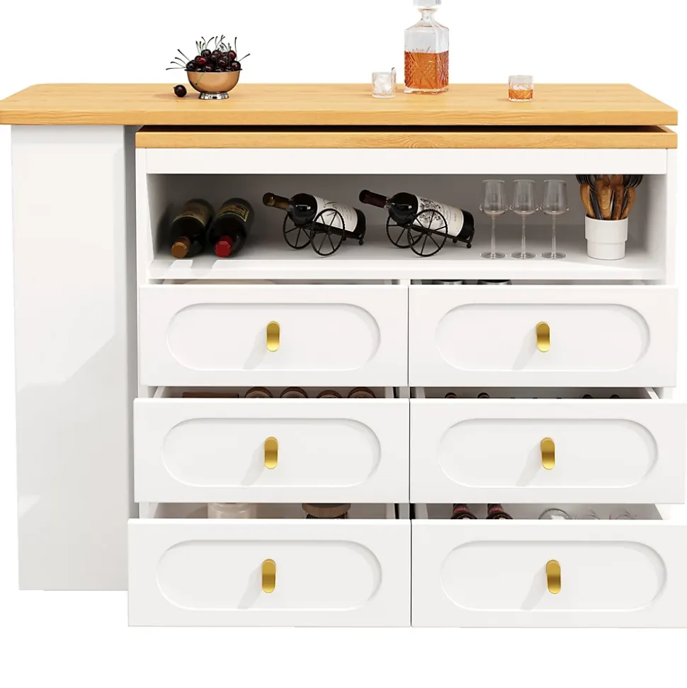 Table Bar Extensible Pivotante avec Rangement et Tiroirs - Meuble Bar Moderne pour Cuisine ou Salon - MDF Blanc