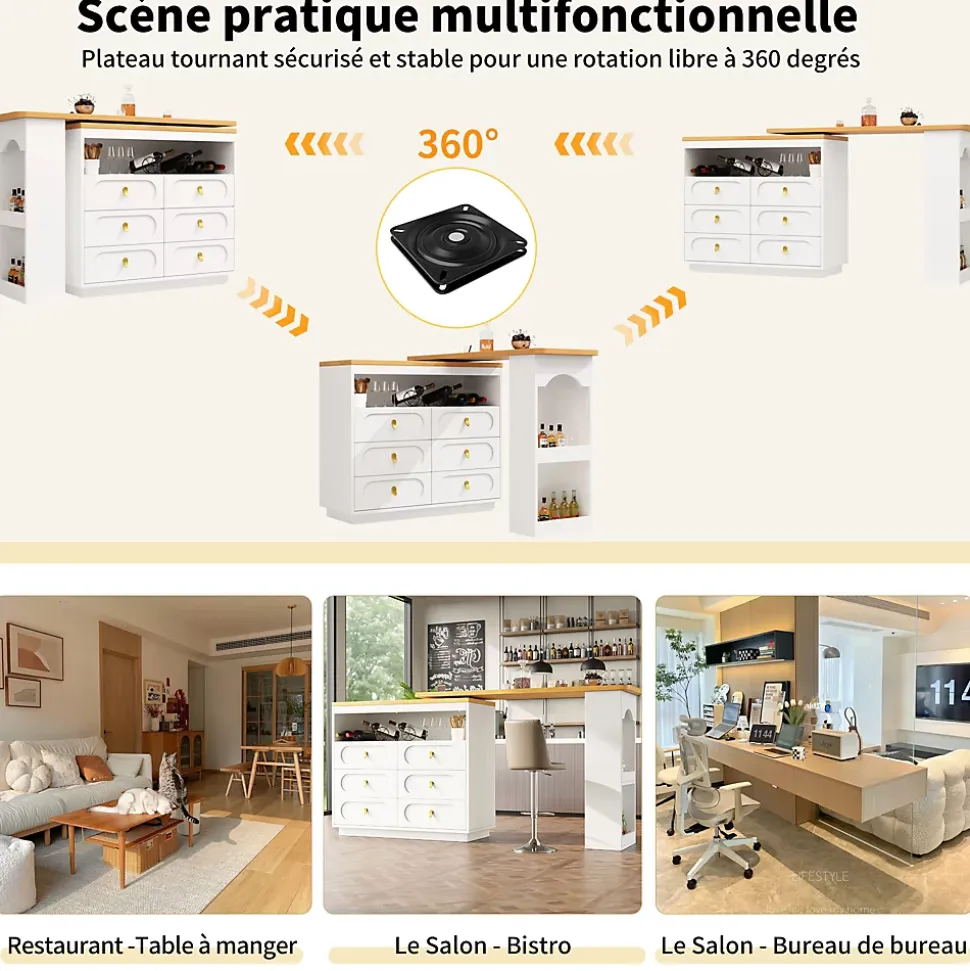 Table Bar Extensible Pivotante avec Rangement et Tiroirs - Meuble Bar Moderne pour Cuisine ou Salon - MDF Blanc