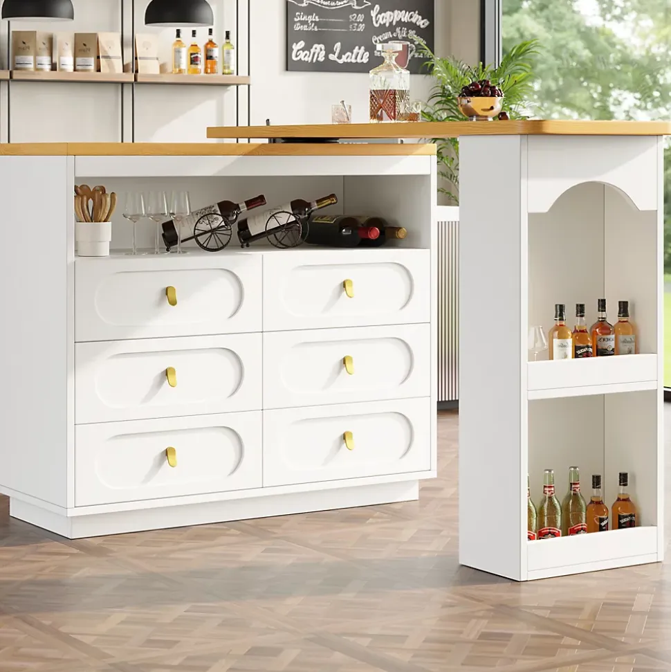 Table Bar Extensible Pivotante avec Rangement et Tiroirs - Meuble Bar Moderne pour Cuisine ou Salon - MDF Blanc