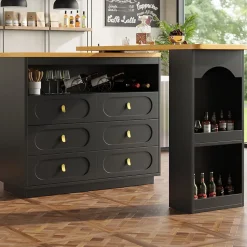 Table Bar Extensible Pivotante avec Rangement et Tiroirs - Meuble Bar Moderne pour Cuisine ou Salon - MDF Noir
