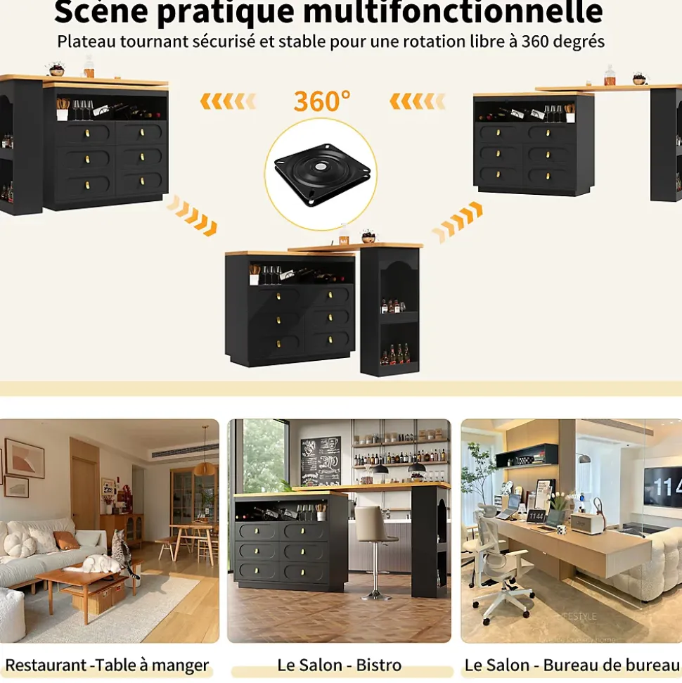 Table Bar Extensible Pivotante avec Rangement et Tiroirs - Meuble Bar Moderne pour Cuisine ou Salon - MDF Noir