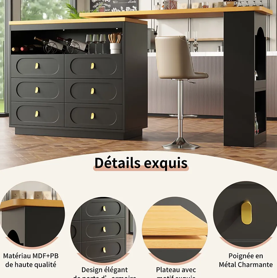 Table Bar Extensible Pivotante avec Rangement et Tiroirs - Meuble Bar Moderne pour Cuisine ou Salon - MDF Noir