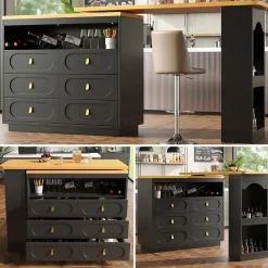 Table Bar Extensible Pivotante avec Rangement et Tiroirs - Meuble Bar Moderne pour Cuisine ou Salon - MDF Noir