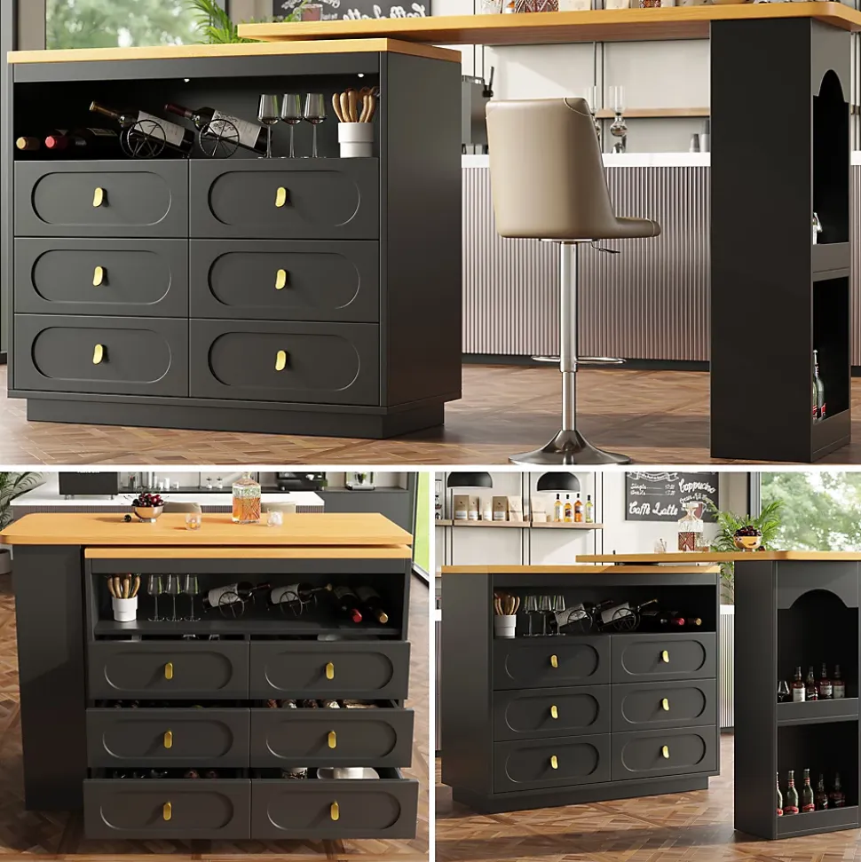 Table Bar Extensible Pivotante avec Rangement et Tiroirs - Meuble Bar Moderne pour Cuisine ou Salon - MDF Noir
