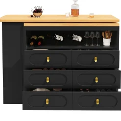 Table Bar Extensible Pivotante avec Rangement et Tiroirs - Meuble Bar Moderne pour Cuisine ou Salon - MDF Noir
