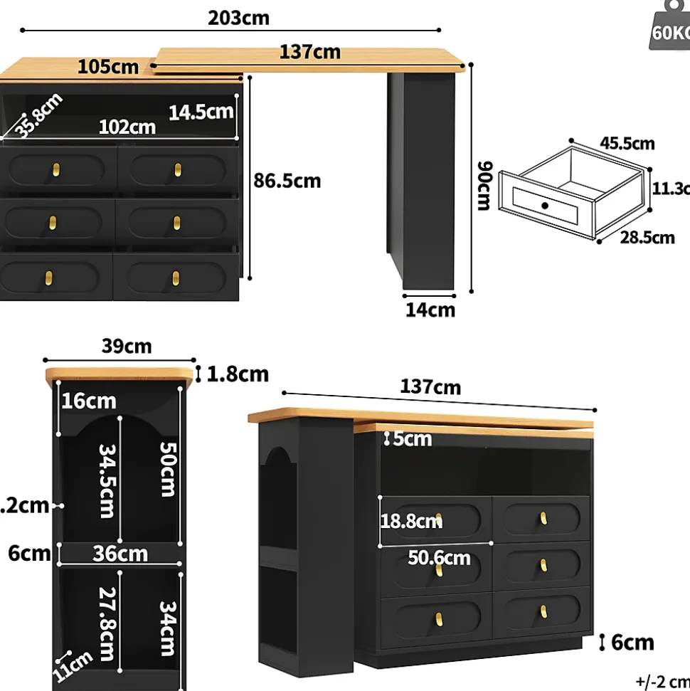 Table Bar Extensible Pivotante avec Rangement et Tiroirs - Meuble Bar Moderne pour Cuisine ou Salon - MDF Noir