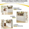 Table Bar Pivotante - Meuble Bar avec 4 Tiroirs et Étagères Ouvertes, Rangement Intégré, MDF Blanc