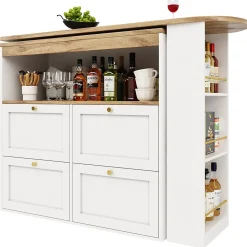 Table Bar Pivotante - Meuble Bar avec 4 Tiroirs et Étagères Ouvertes, Rangement Intégré, MDF Blanc