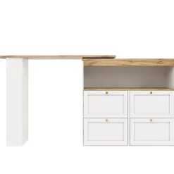 Table Bar Pivotante - Meuble Bar avec 4 Tiroirs et Étagères Ouvertes, Rangement Intégré, MDF Blanc