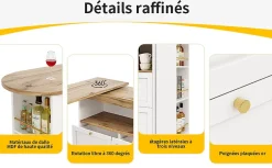Table Bar Pivotante - Meuble Bar avec 4 Tiroirs et Étagères Ouvertes, Rangement Intégré, MDF Blanc