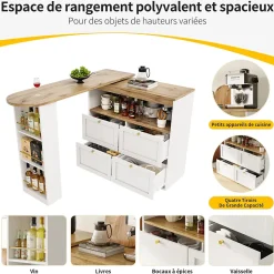 Table Bar Pivotante - Meuble Bar avec 4 Tiroirs et Étagères Ouvertes, Rangement Intégré, MDF Blanc