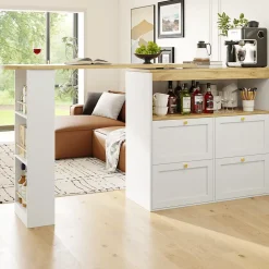 Table Bar Pivotante - Meuble Bar avec 4 Tiroirs et Étagères Ouvertes, Rangement Intégré, MDF Blanc