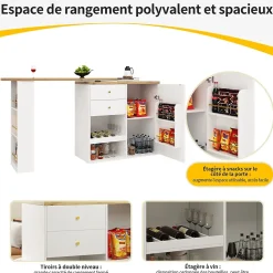 Table Bar Pivotante avec 2 Tiroirs et Étagères Ouvertes - Meuble Bar de Cuisine Moderne - MDF Blanc