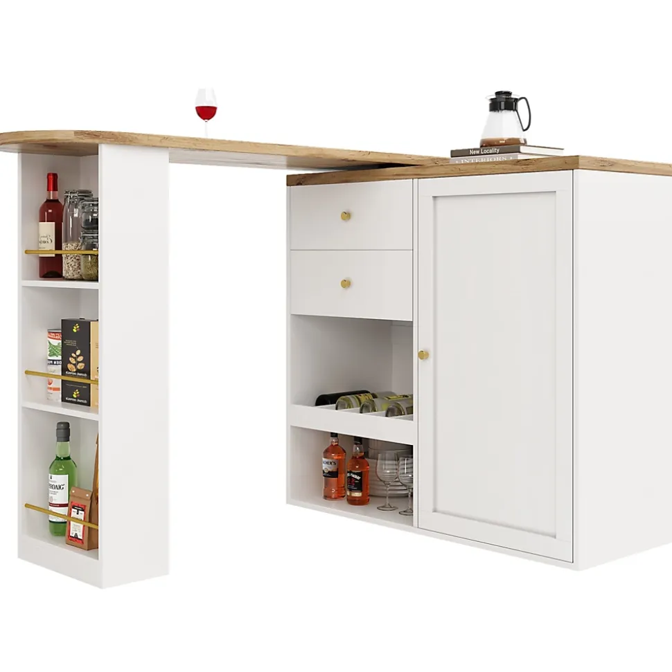 Table Bar Pivotante avec 2 Tiroirs et Étagères Ouvertes - Meuble Bar de Cuisine Moderne - MDF Blanc
