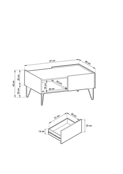 Table Basse : 2 Tiroirs, 1 Étagère, Noir Graphite / Marbre Noir, 97 X 45 X 65 Cm