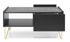 Table Basse : 2 Tiroirs, 1 Étagère, Noir Graphite / Marbre Noir, 97 X 45 X 65 Cm