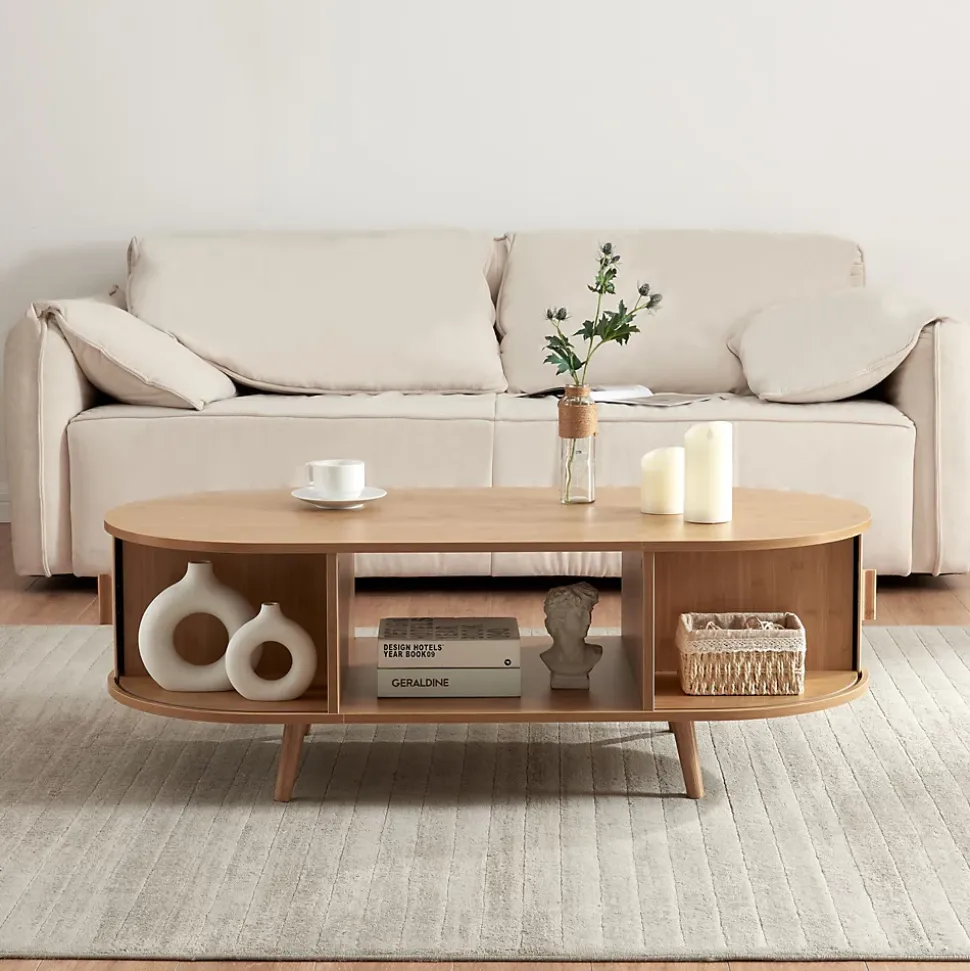 Table basse de salon Nordkapp avec portes coulissantes MDF bambou bois 120 x 55 x 40 cm naturel en.casa