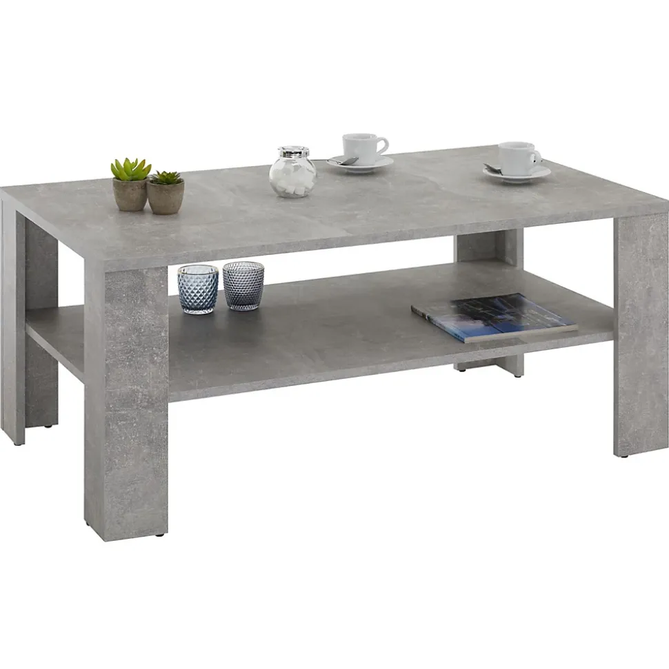 Table basse LORIENT, table de salon rectangulaire avec 1 étagère espace de rangement ouvert, en mélaminé décor béton