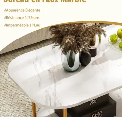Table Basse Ovale à 2 Niveaux 100x50x45CM-Plateau en Faux Marbre et Etagère Ouverte-Charge 50+25KG-4 Patins de Protection